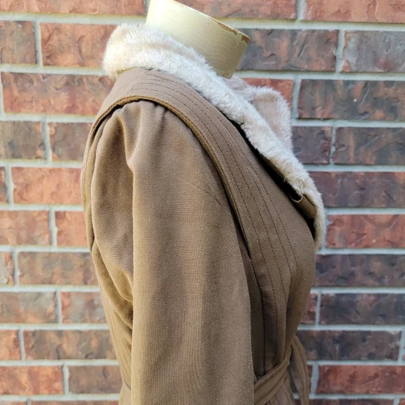 Vtg Bonders Calender Cloth Brown Faux Fur Lined Belted Coat USA No Size, - Picture 9 of 15